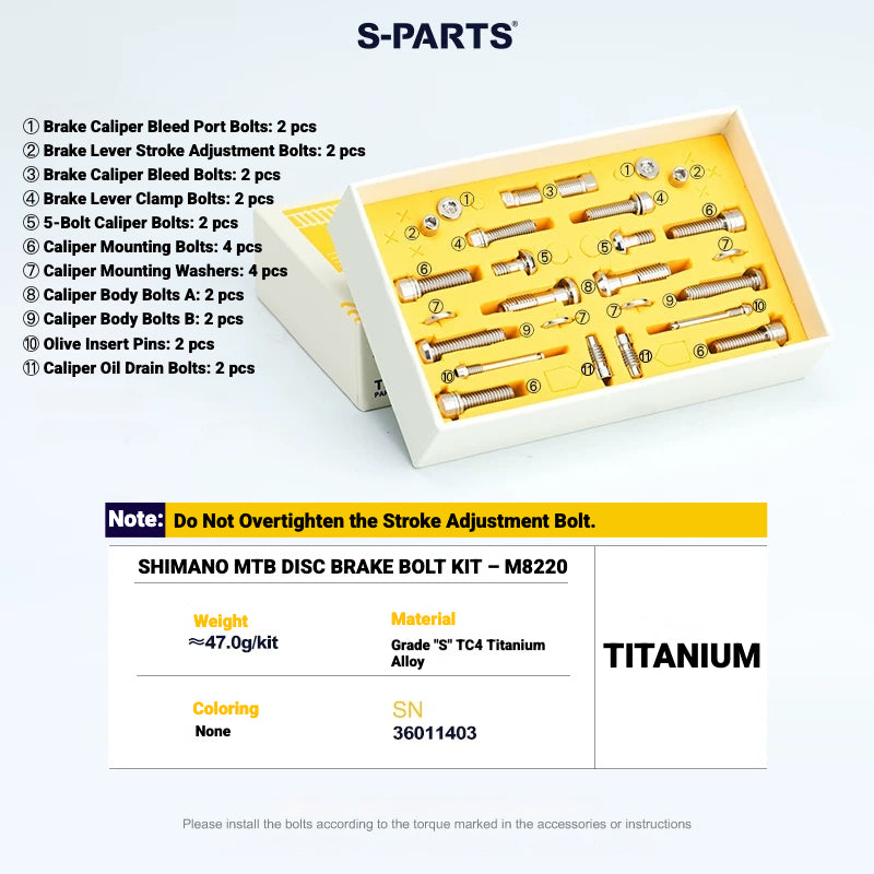 S-PARTS TC4 Titanium Bolt Kit for Shimano Deore XT M8200 / M8220 | MTB Disc Brake & Component Screws