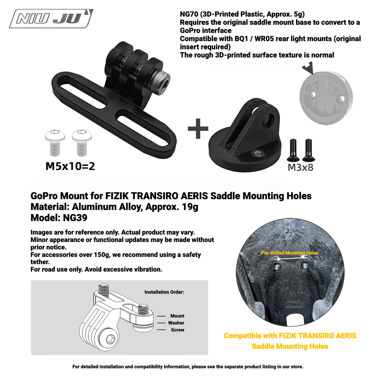 NIUJU NG70 Rear Light Adapter for MEROCA BQ1 / WR05 | GoPro-Style Mount