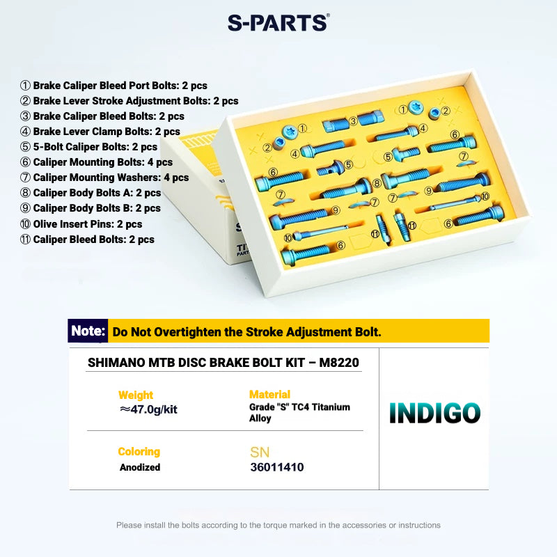 S-PARTS TC4 Titanium Bolt Kit for Shimano Deore XT M8200 / M8220 | MTB Disc Brake & Component Screws