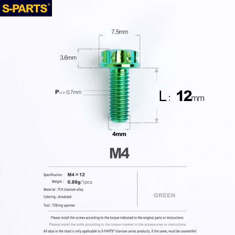 S-PARTS A3 Gold M4 Aleación de titanio Piezas estándar Tornillo para vehículo eléctrico Motocicleta Coche