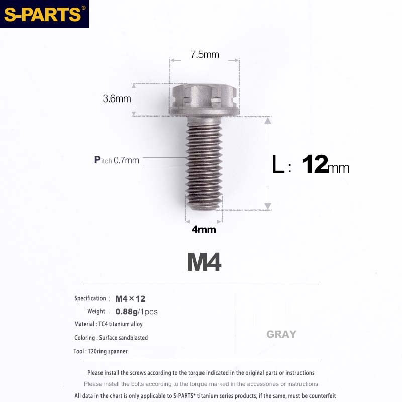 S-PARTS A3 Gold M4 Aleación de titanio Piezas estándar Tornillo para vehículo eléctrico Motocicleta Coche