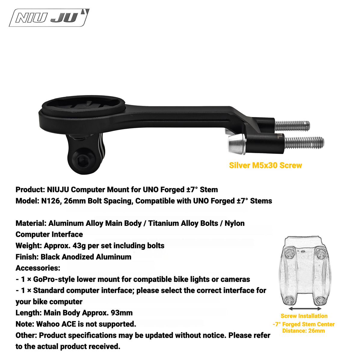 NIUJU Lightweight Computer Mount for UNO Stem | Forged Garmin Wahoo Mount