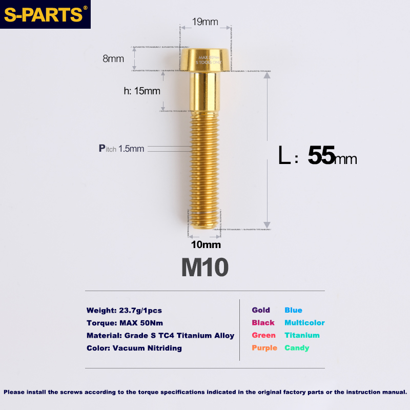 Tornillos antirrobo de titanio S-PARTS M10 D19 P1,5 con varias longitudes (L20, L25, L40, L45, L50, L55, L60, L65, L70) 