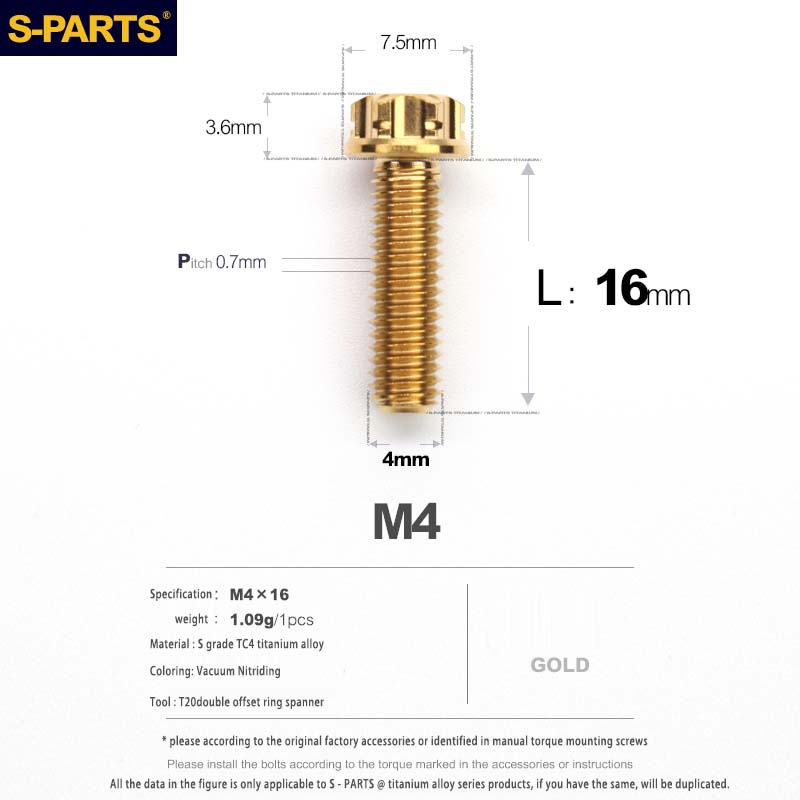 S-PARTS A3 Gold M4 Aleación de titanio Piezas estándar Tornillo para vehículo eléctrico Motocicleta Coche