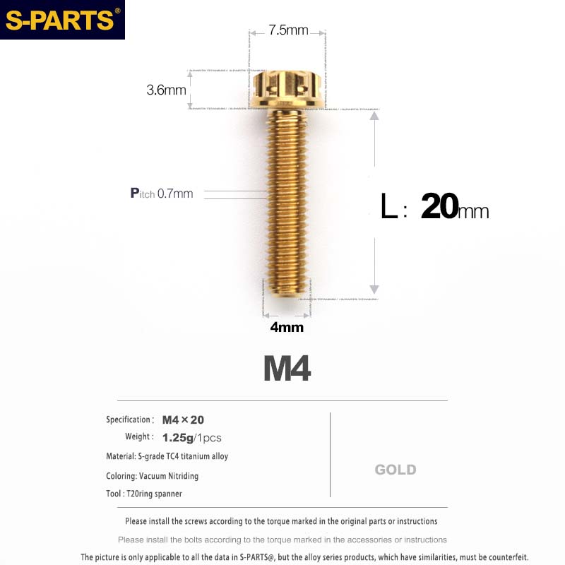 S-PARTS A3 Gold M4 Aleación de titanio Piezas estándar Tornillo para vehículo eléctrico Motocicleta Coche