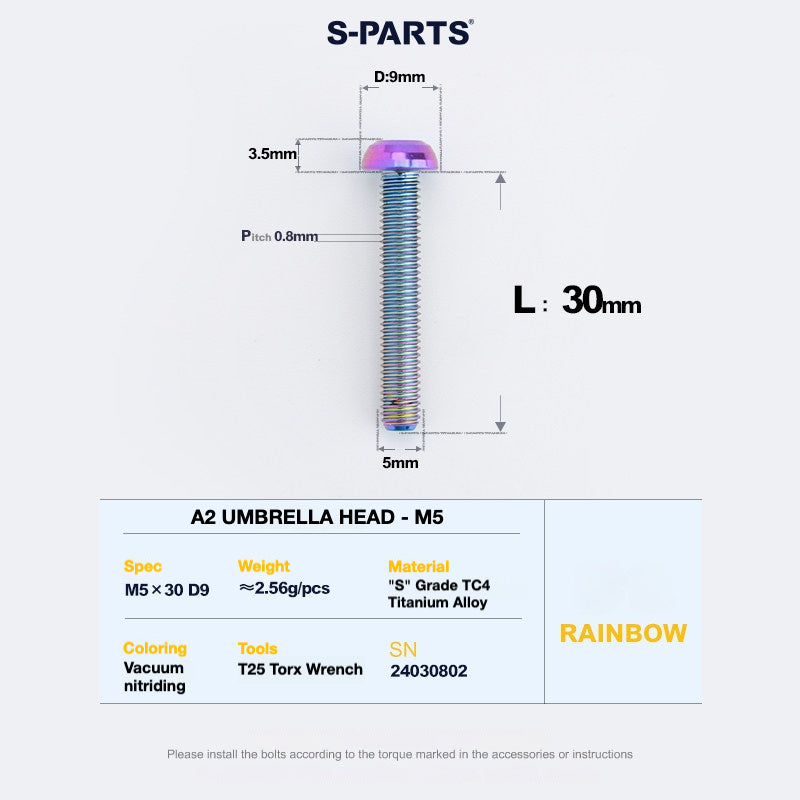 S-PARTS A2 Titanium UMBRELLA HEAD M5 x 8–34mm – TC4 Titanium Bike Hardware