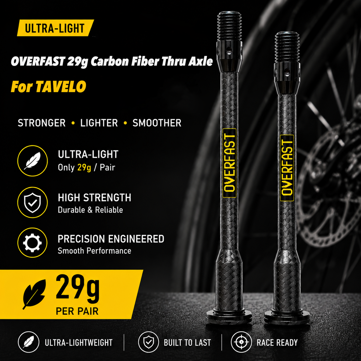 OVERFAST 29g Ultra-Light Carbon Fiber Thru Axle Set for TAVELO Road Bikes
