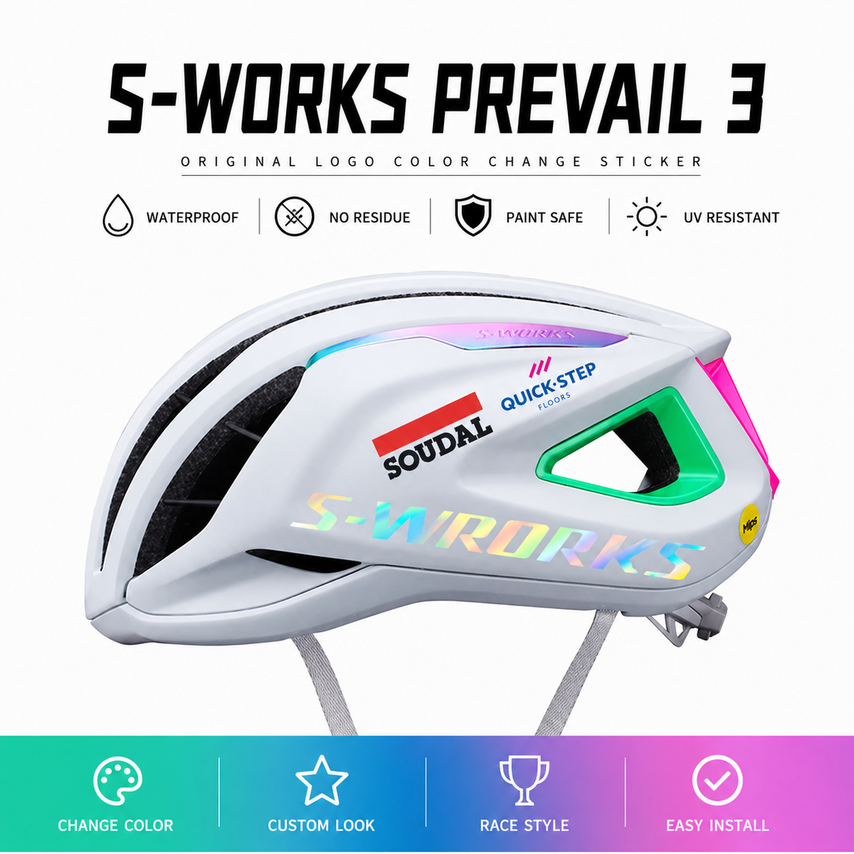 Kit de décalcomanies pour casque S-Works Prevail 3 - Logo Specialized Quick-Step - Changement de couleur de l'équipe